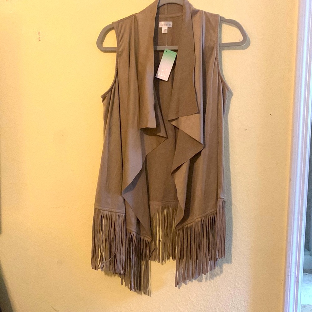 decree faux leather suede fringe vest women's medium tan